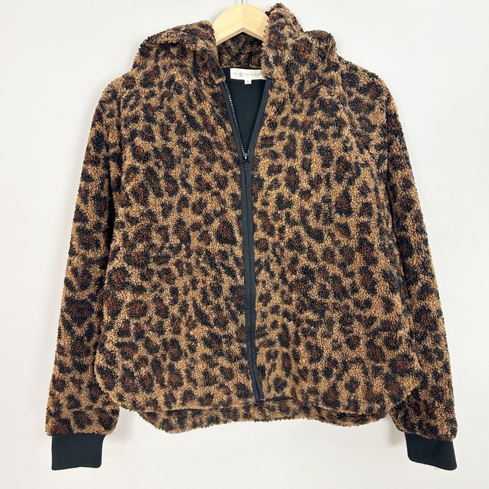 Lou & Grey Loft Brown Leopard Print Sherpa Jacket Zip Hooded Size Medium Womens